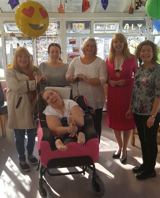 Mrs Lorraine Worsley Carter, Deputy Lieutenant with users and staff at at EAM House in Partington
