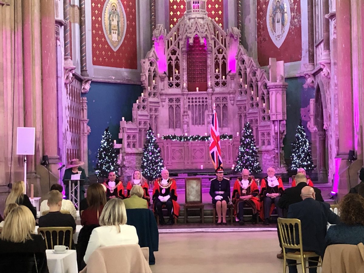 The Lord-Lieutenant and Mayors from across Greater Manchester listen on as The Vice Lord Lieutenant reads out the Honours citations