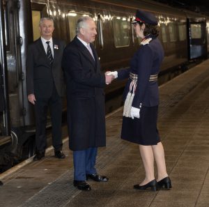 The Lord-Lieutenant greets His Majesty The King as he arrives at Victoria Train Station for a visit to Greater Manchester in January 2023
